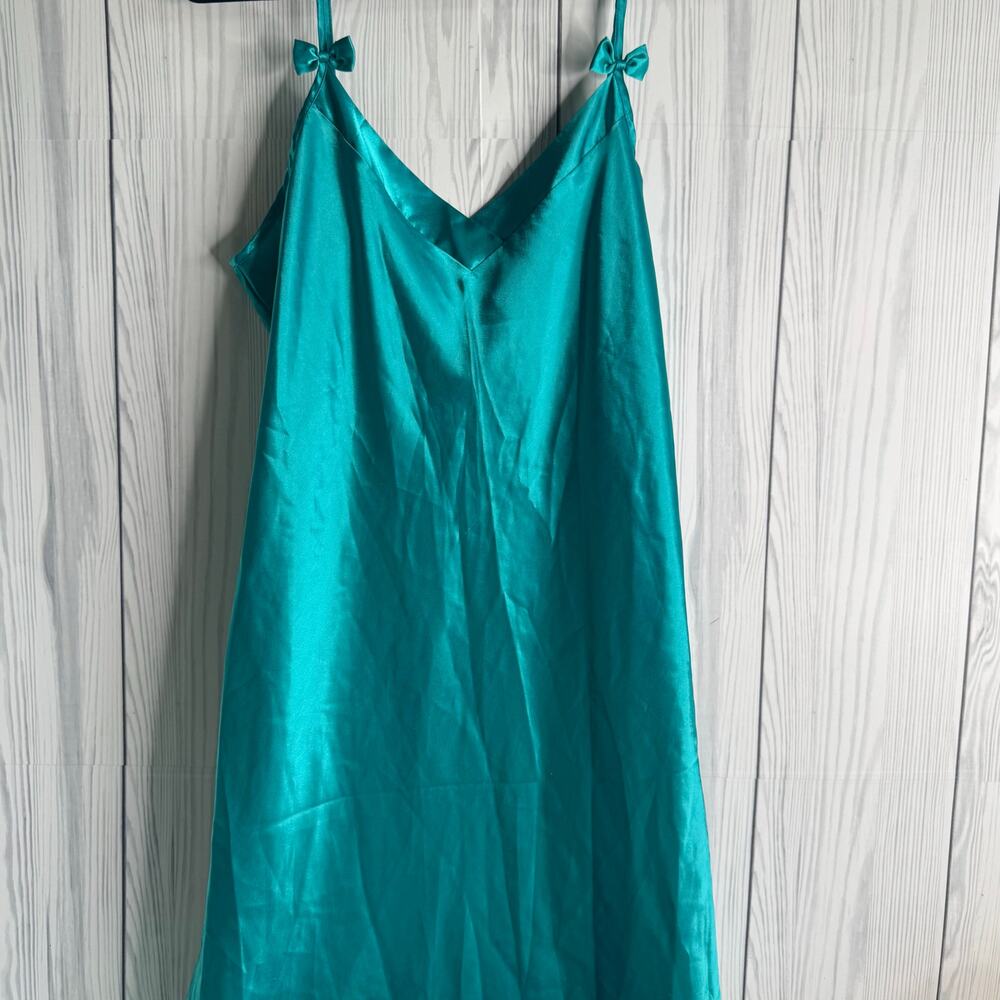 Vintage 1990s Sear Satin Slip Dress Blue-Green Y2K Bows Size Large